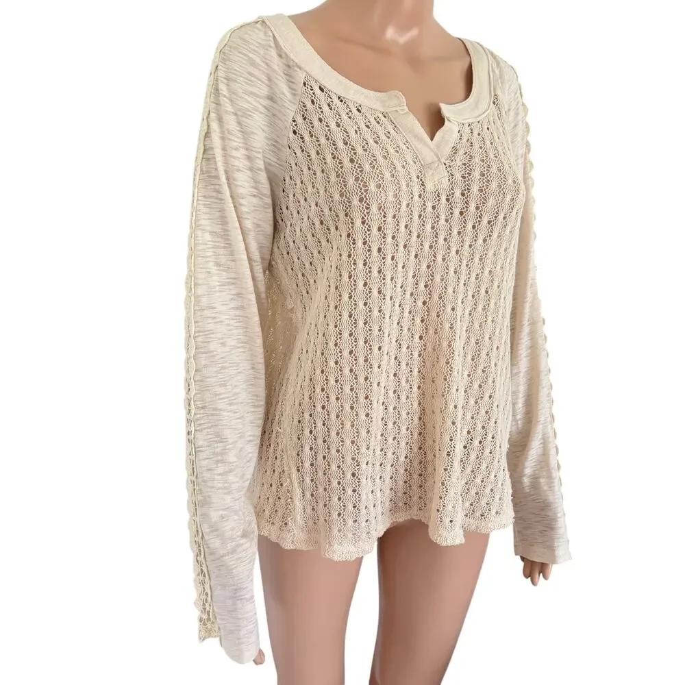 Miss Me Crochet Lace Knit Top L Boho Cottagecore Peasant Cream Long Sleeve - Picture 2 of 7
